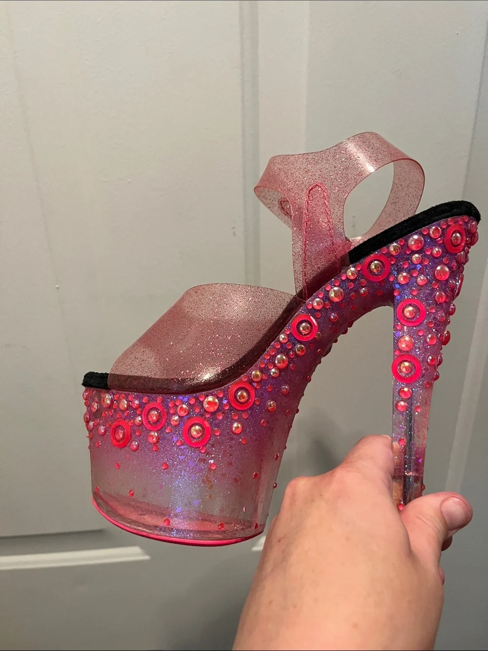 Sexy Pleaser Pink Glitter Platform Heels with Ankle Strap👠👠